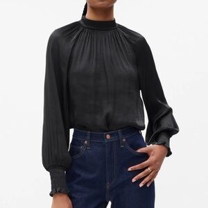 GAP Satin Mockneck Pleated Blouse in Black with Mandarin Collar